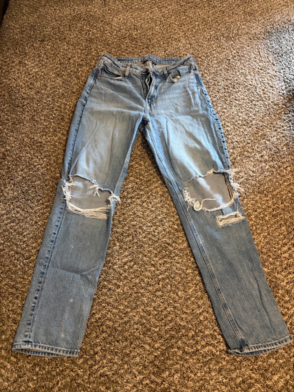 American Eagle Outfitters Light Blue Straight-Leg Ripped Jeans